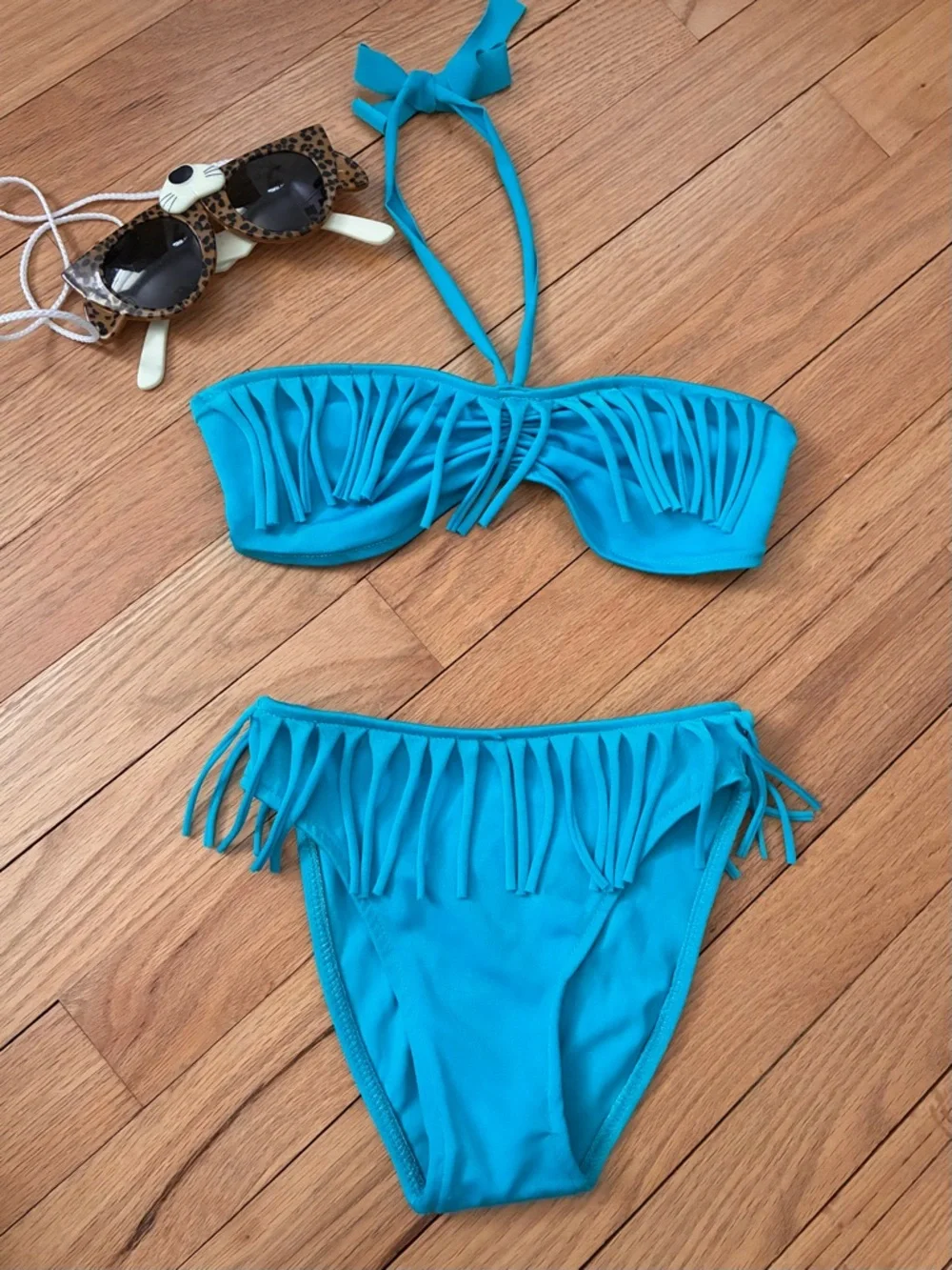 Vintage Toddler Fringed Bikini, Turquoise + Folding Kitty Sunglasses Set, 4T